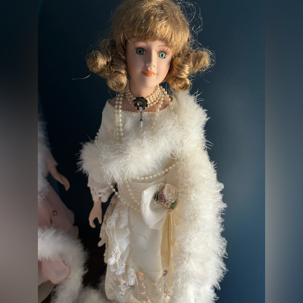 Vintage Victorian Porcelain Doll in Pearls & Feathers
